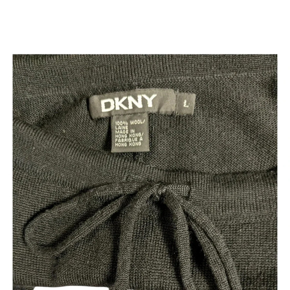 DKNY 100% Wool Black Drawstring Lounge Pants Wide Leg Cropped SZ Large - Picture 3 of 3